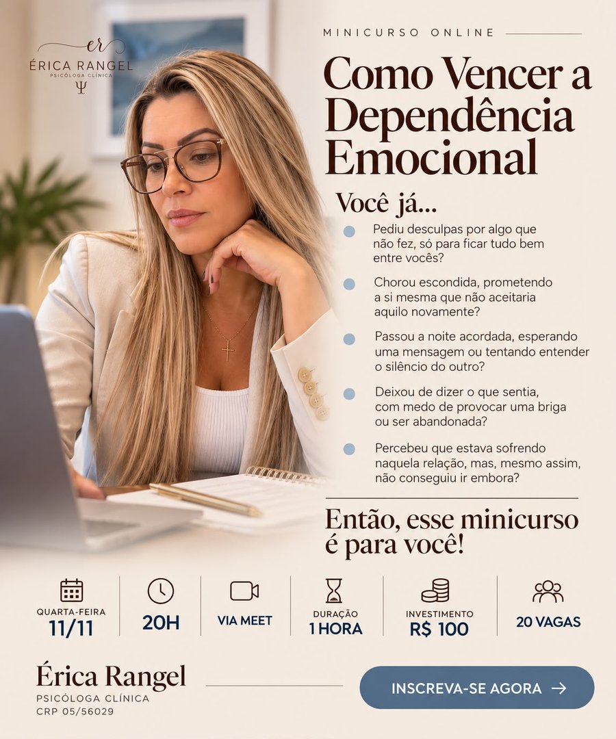 Cartaz do minicurso Como Vencer a Dependência Emocional, com a Dra. Érica ao notebook